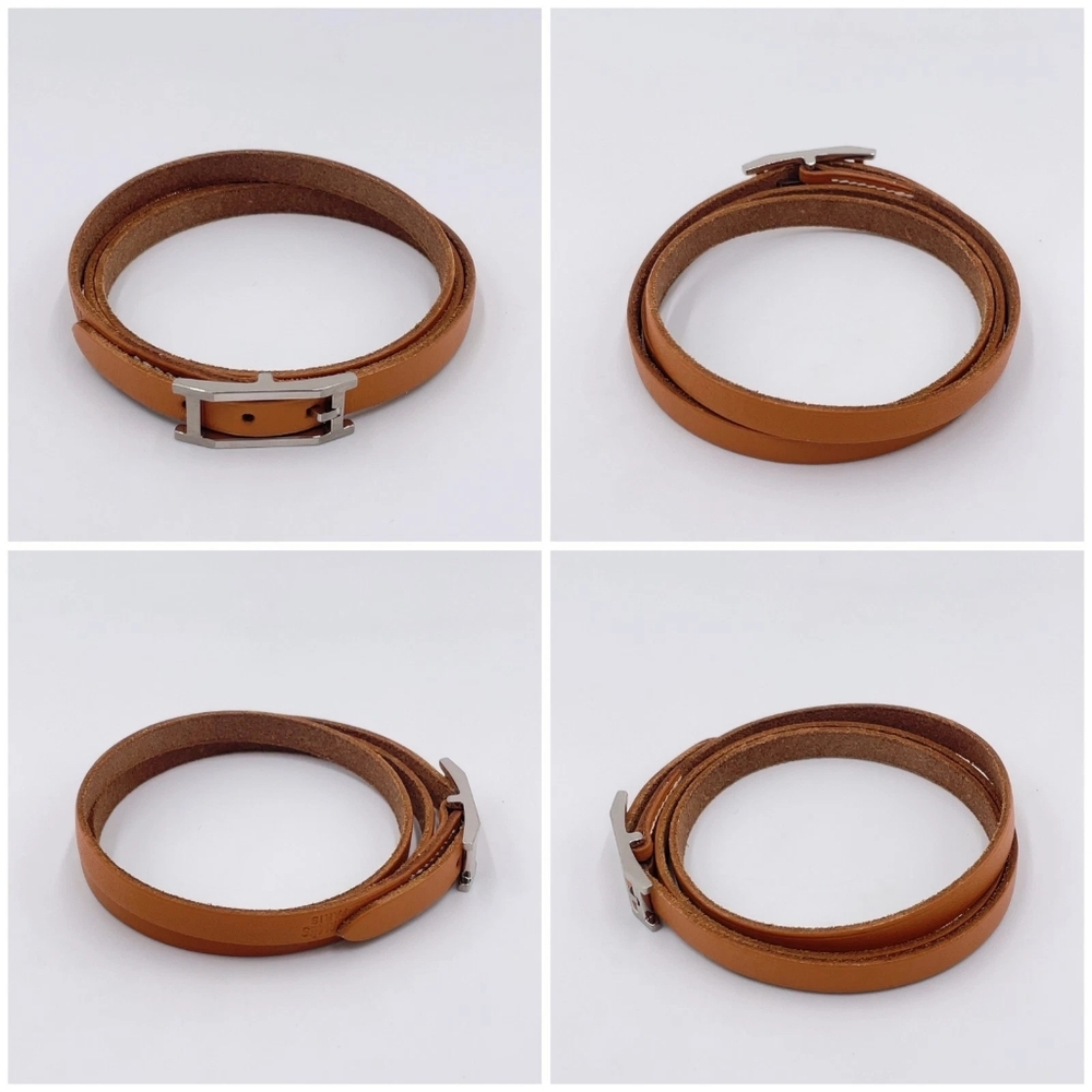 Hermes Brown Hapi 3 Triple Wrap Leather Bracelet Silver Buckle Choker Unisex